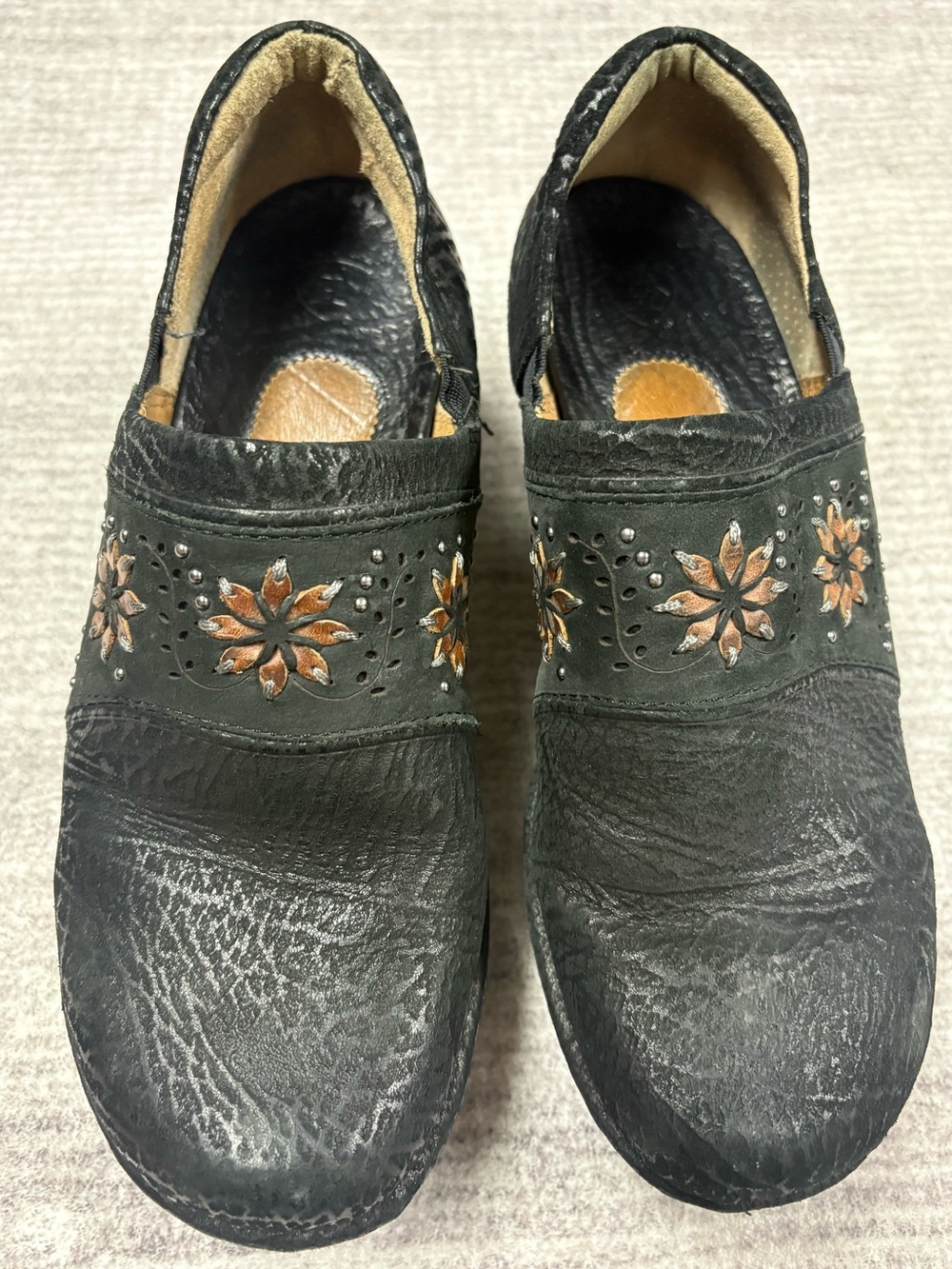 ARIAT Women’s 8.5 Platform Clogs Black Leather Patchwork Floral Chunky Western - Picture 7 of 8